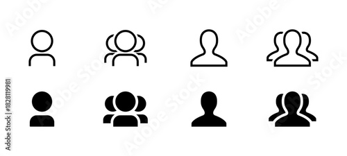 User icon. Set of single and group profile avatars shows people identity and community roles vector. Person symbols illustrate teamwork, audience and social membership concept.