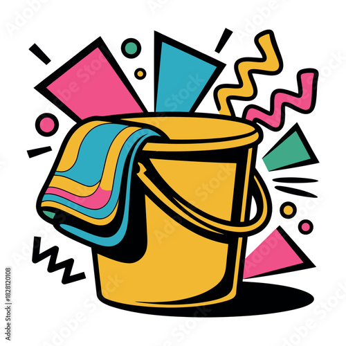 A colorful bucket and cloth are ready for cleaning with geometric abstract elements.