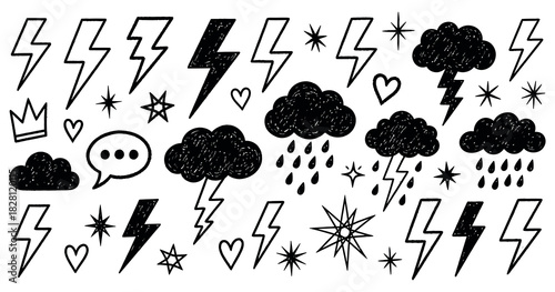 Hand drawn weather elements lightning clouds stars and hearts