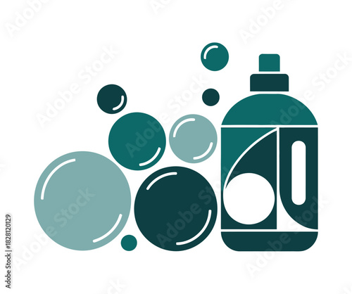 A bottle of cleaning product with bubbles suggests hygiene and cleanliness