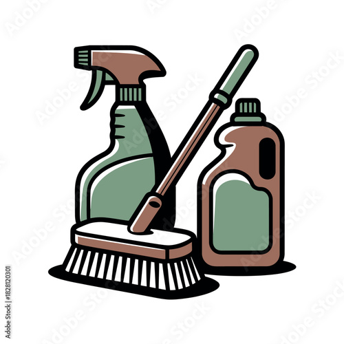Cleaning supplies including a spray bottle, brush, and bottle of liquid are displayed.