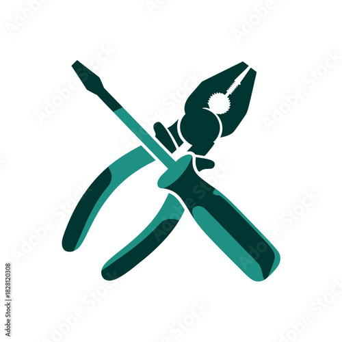 A screwdriver and pliers are crossed over a white background.