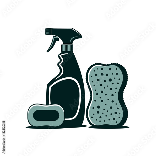 Cleaning supplies including a spray bottle, sponge, and bar of soap are ready for household chores.