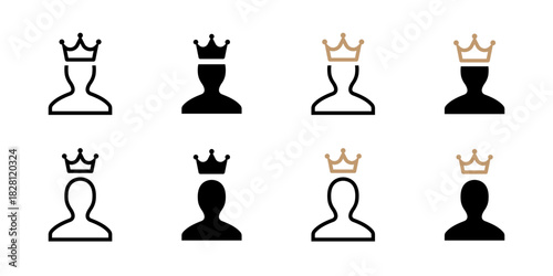 Crown icon. Royal user avatar with king silhouette vector illustration. Noble profile symbol showing authority, premium status and elite rank sign. Majesty concept pictogram.