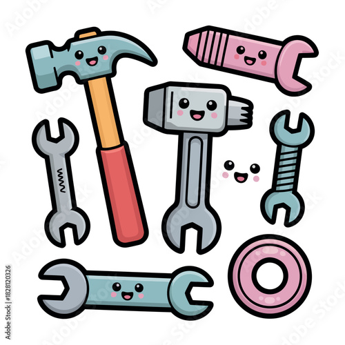 Cute cartoon tools with happy faces are depicted against a white background.