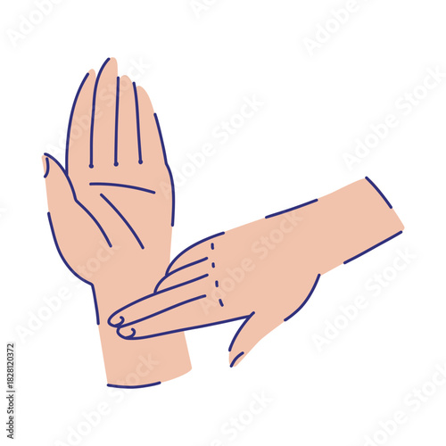 Measuring pulse with hands, composition of two hands, two fingers placed on the wrist