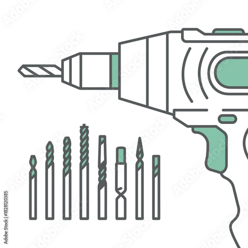 An electric drill with a selection of drill bits is presented in a clean illustration.