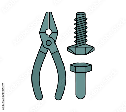 A pair of pliers and a bolt and screw are depicted in this illustration.