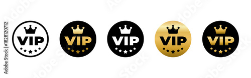 Vip label. Crown and stars inside a circular badge vector illustration. Premium emblem symbol for elite membership, exclusive status sign and luxury highlight pictogram.