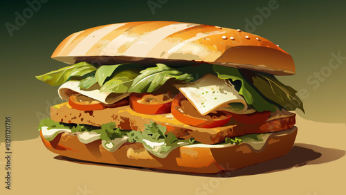 Very beautiful semi-realistic vector illustration of a hearty sandwich made with golden ciabatta, smoky-charred chicken, creamy Brie, and fresh pesto, sliced diagonally to reveal its rich, layered 