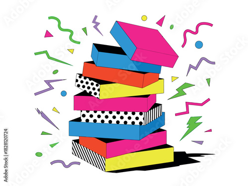A stack of colorful gift boxes with confetti and lightning bolt decorations.