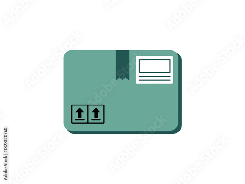 A green cardboard box with shipping symbols and a label area is presented.