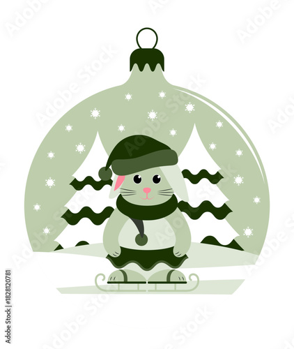 bunny girl with cap, scarf and skirt on ice skates in christmas ball isolated on white background