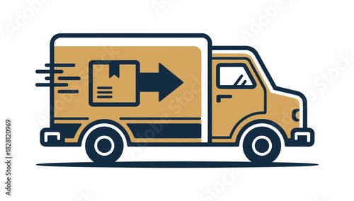 A yellow delivery truck with a package icon and arrow is quickly transporting goods.