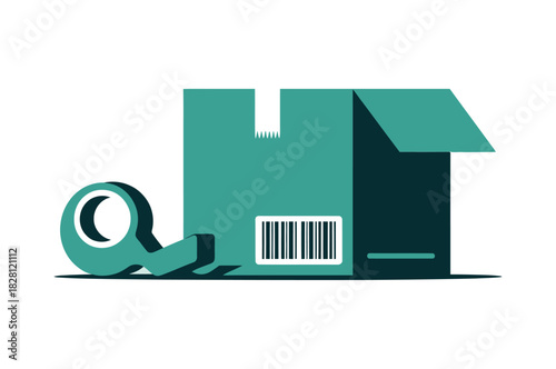 A cardboard box with a barcode is ready to be sealed with tape.