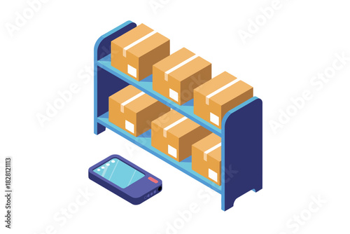 Shelves are filled with cardboard boxes and a scanner is nearby in a warehouse.