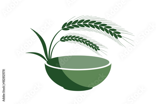 Green bowl with growing wheat stalks symbolizes food security and agriculture