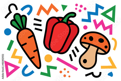 Vibrant collection of fresh vegetables and mushroom on abstract background.