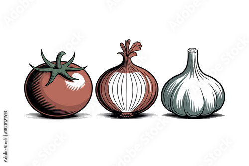A tomato, an onion, and a garlic bulb are displayed in a row on a white background.
