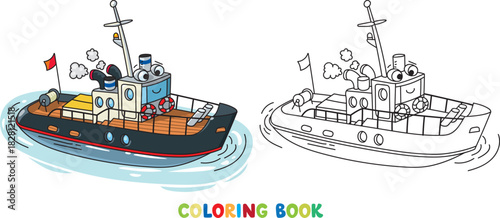 Funny tugboat with eyes. Boat or ship illustration