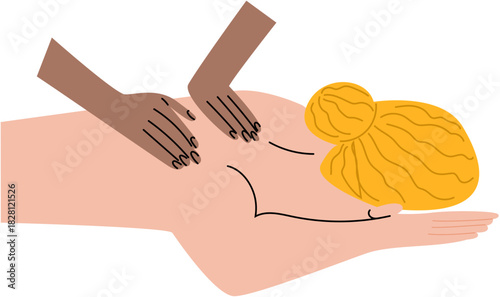 masseur's hands massaging back of blonde woman, deep tissue treatmentIllustration of SPA and wellness concept. For beauty treatment and self-care.
.
