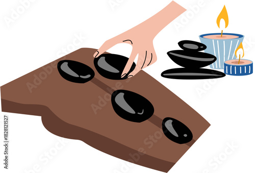 Thai massage, hot stones on woman's back, stone therapyIllustration of SPA and wellness concept. For beauty treatment and self-care.
.