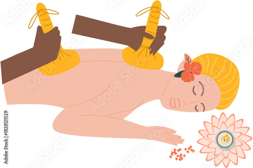 Thai massage process, back massage of blonde woman, traditional spa therapyIllustration of SPA and wellness concept. For beauty treatment and self-care.
.