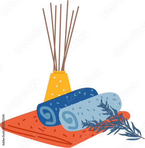 blue spa towels with room perfume, interior fragrance setIllustration of SPA and wellness concept. For beauty treatment and self-care.
.