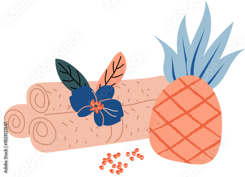 spa towels with flowers and pineapple, spa accessories setIllustration of SPA and wellness concept. For beauty treatment and self-care.
.