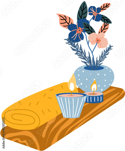 towel with flower vase and candle, spa accessories still lifeIllustration of SPA and wellness concept. For beauty treatment and self-care.
.