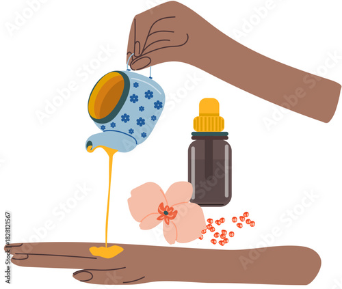 cream pouring onto a hand, flowers and essential oil compositionIllustration of SPA and wellness concept. For beauty treatment and self-care.
.