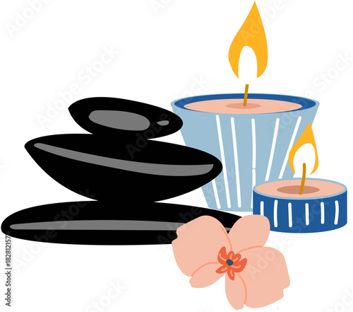 Thai massage stones, candles, flower, hot stones setIllustration of SPA and wellness concept. For beauty treatment and self-care.
.