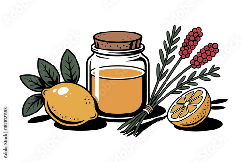 A small bottle of essential oil with lemons and lavender is shown.