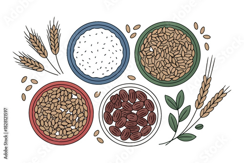 Bowls of grains and dried fruit are arranged with wheat stalks and leaves.