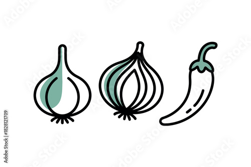 A stylized illustration shows garlic, onion, and chili pepper on a white background.