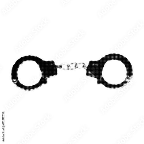 Halftone illustration of metal handcuffs connected by a short chain. Symbolizes security, restriction, law enforcement, protection, danger, or imprisonment.
