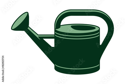 A green watering can stands ready for garden use against a white background.