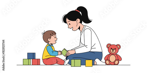 Vector Illustration of a Young Mother and Toddler Interacting with Educational Toys