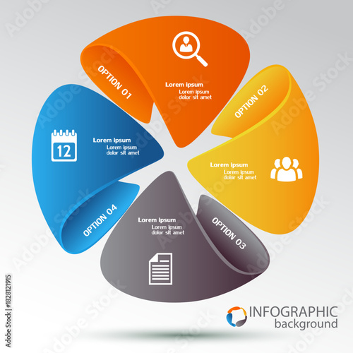 Web infographic template with colorful cycle diagram four options and icons, 3D-style circular layout divided into 4 steps. Ideal for presenting business processes, timelines, workflows