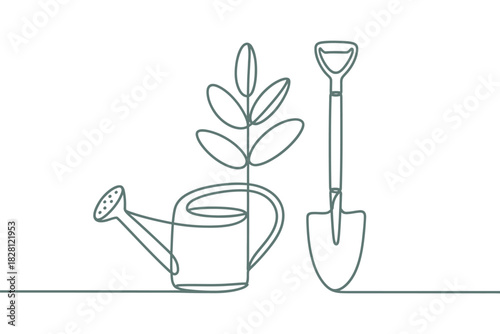 A single line drawing shows a watering can, a sapling, and a shovel.