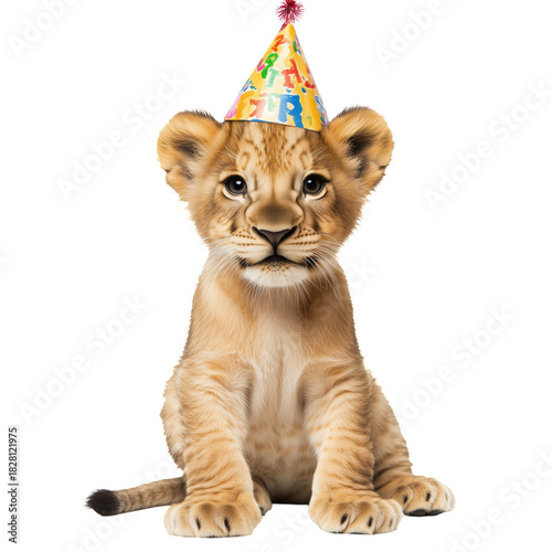 Cute Lion Cub Wearing a Colorful Party Hat in a Playful Pose for a Fun Celebr...
