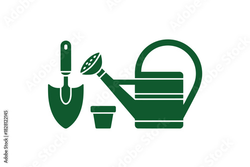 Gardening tools including a watering can, trowel, and small pot are depicted in green.