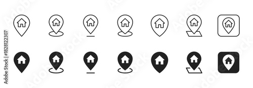 Location pin icon. Home and house markers for maps, GPS tools and navigation apps vector. Clean geo pointer for address, destination and route interfaces symbol for UI and mobile design sign pictogram