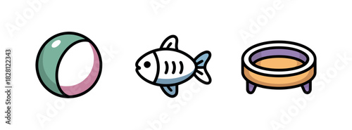 A ball, a toy fish, and a food bowl represent pet care items.