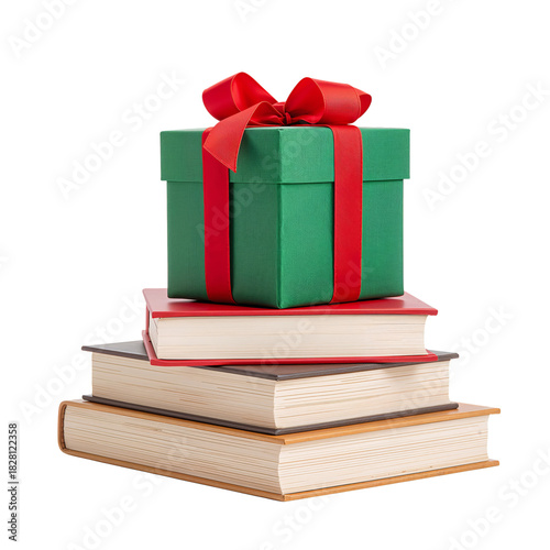 Wrapped Gift Box on Stacked Books in a Simple and Festive Arrangement for a C...