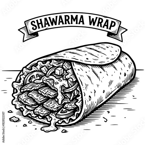 A detailed black and white hand-drawn illustration of a shawarma wrap, presented in a vintage sketch style with a banner.