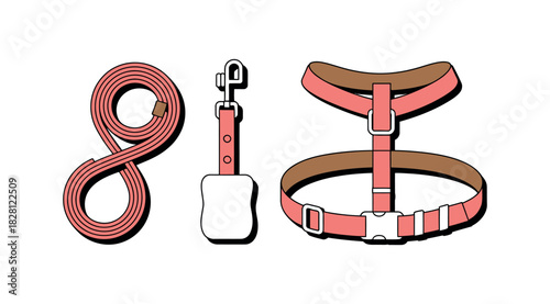A dog leash, holder, and harness are laid out on a white background.