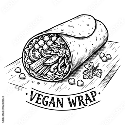 Hand-drawn black and white illustration of a delicious vegan wrap filled with chickpeas and vegetables on a cutting board.