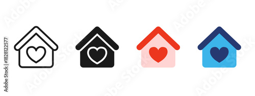House with heart icon. Warm home symbol for love and family care. Cozy shelter vector for charity and support themes. Real estate favorite sign for apps. Minimal comfort concept pictogram.
