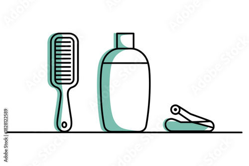 A hairbrush, bottle of shampoo, and hair clip sit on a white surface.